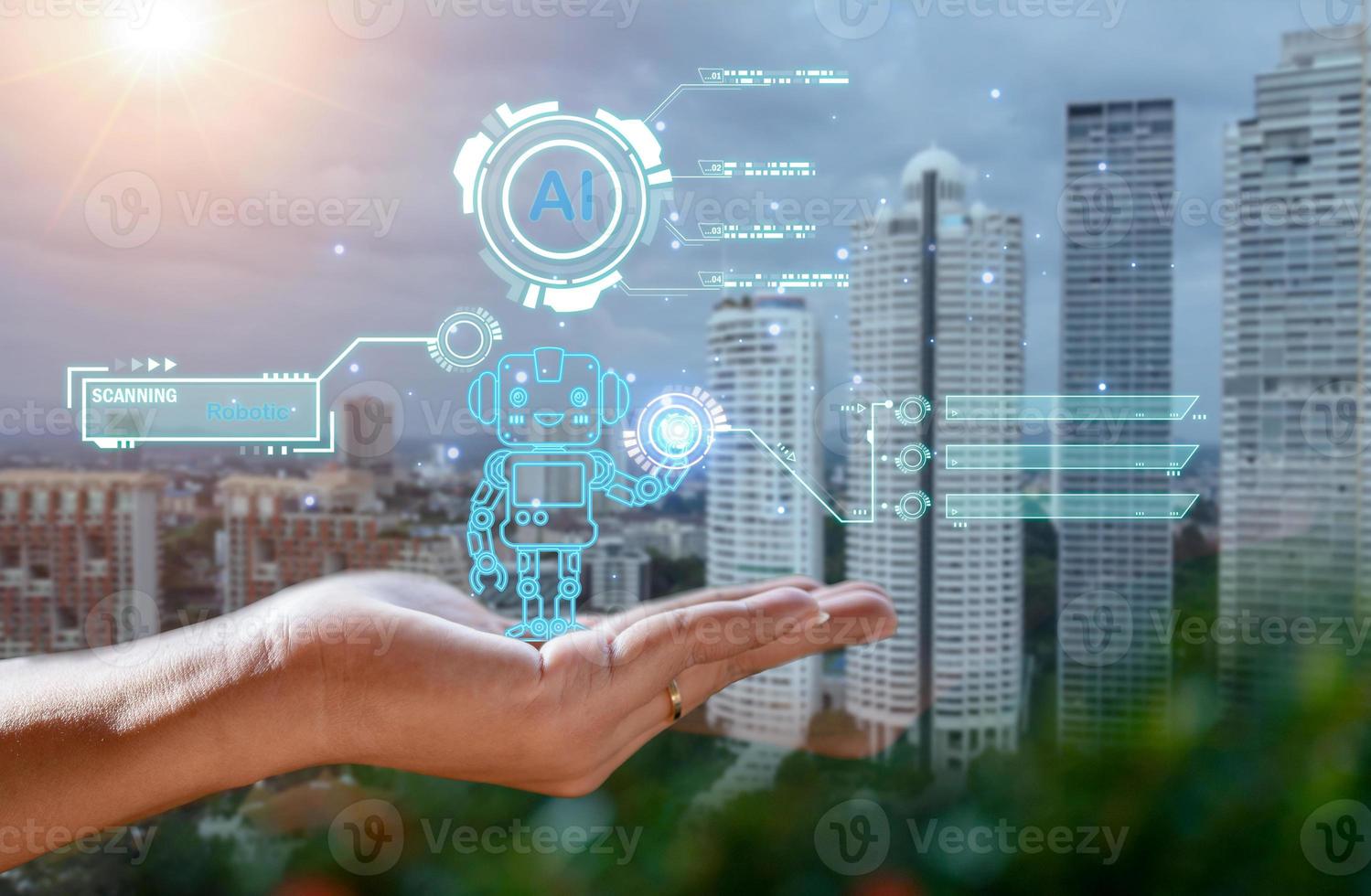 The AI robot is on the human hand, representing the work of intelligent mechanical systems in the world today. photo