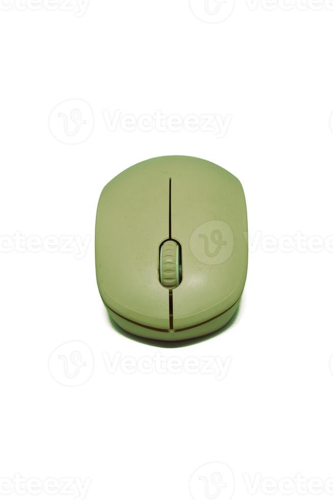 Green wireless computer mouse isolated on white background. Computer hardware. Front view. photo