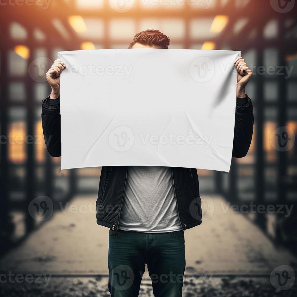 Man holding banner with stand building background photo
