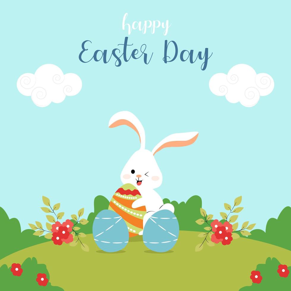 Happy easter day card with a bunny on a blue background. vector