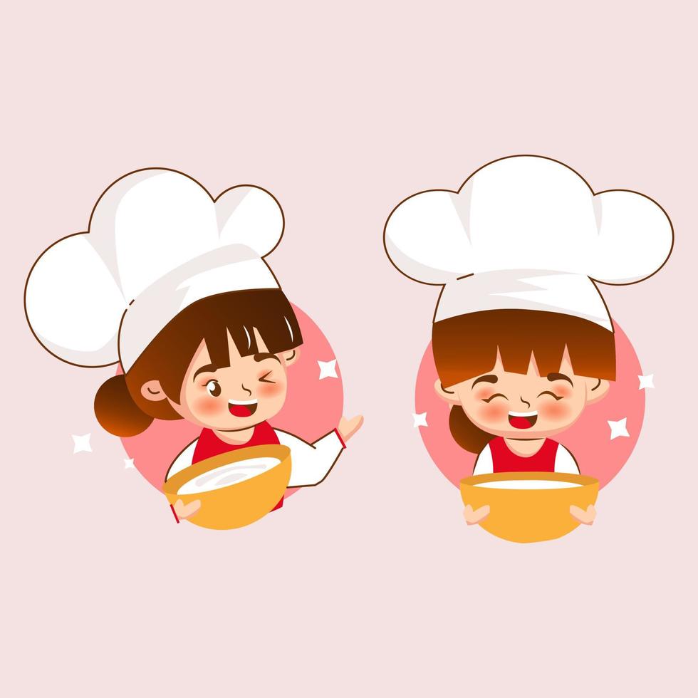 Happy cute girl chef holding bowl with whisk banner logo cartoon art illustration vector