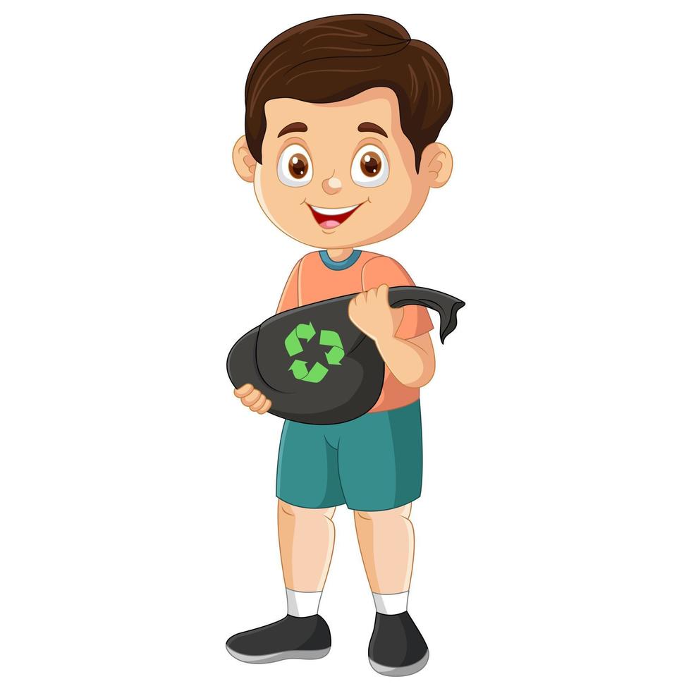 Vector cartoon little boy holding plastic garbage