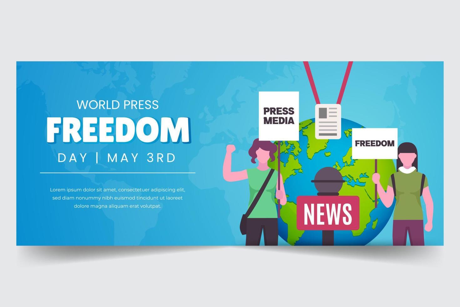 World press freedom day May 3rd with demonstration and news mic illustration horizontal banner vector