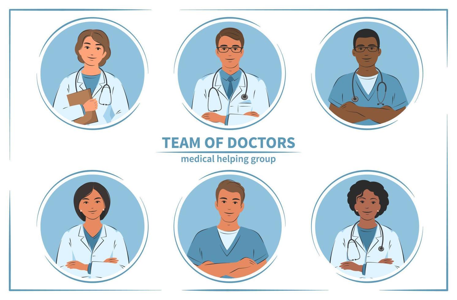 Set of doctors, nurses and paramedics. Medical helping group. Portraits of male and female medical. Vector illustration.