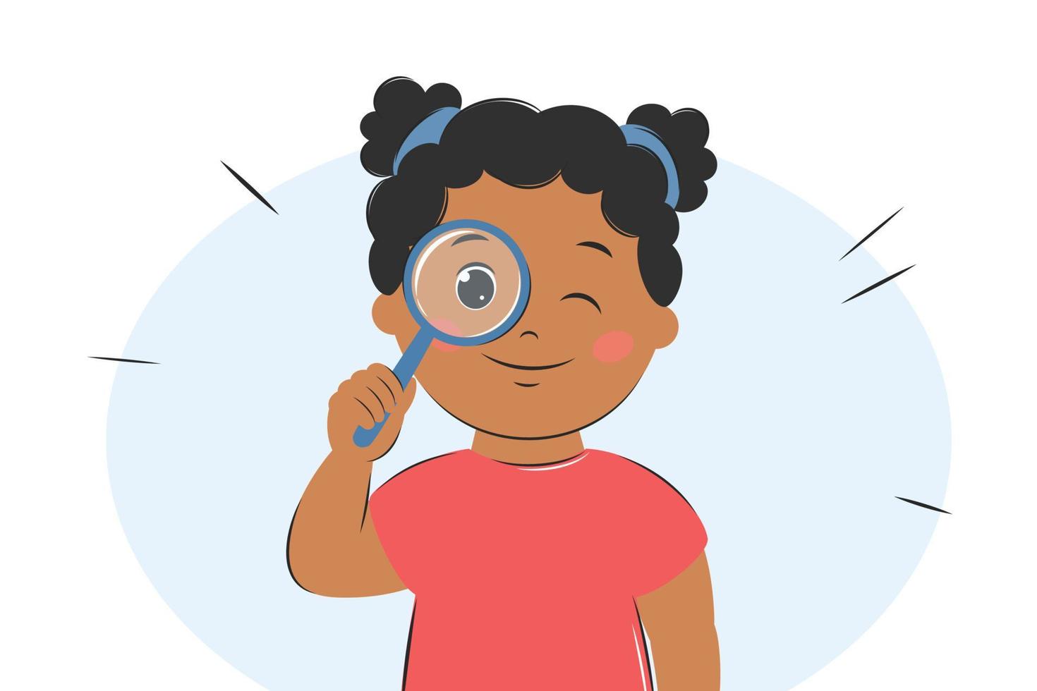 Curious kid girl with dark hair and skin look in magnifying glass. Smart child using magnifier for learning, study. Vector Illustration.