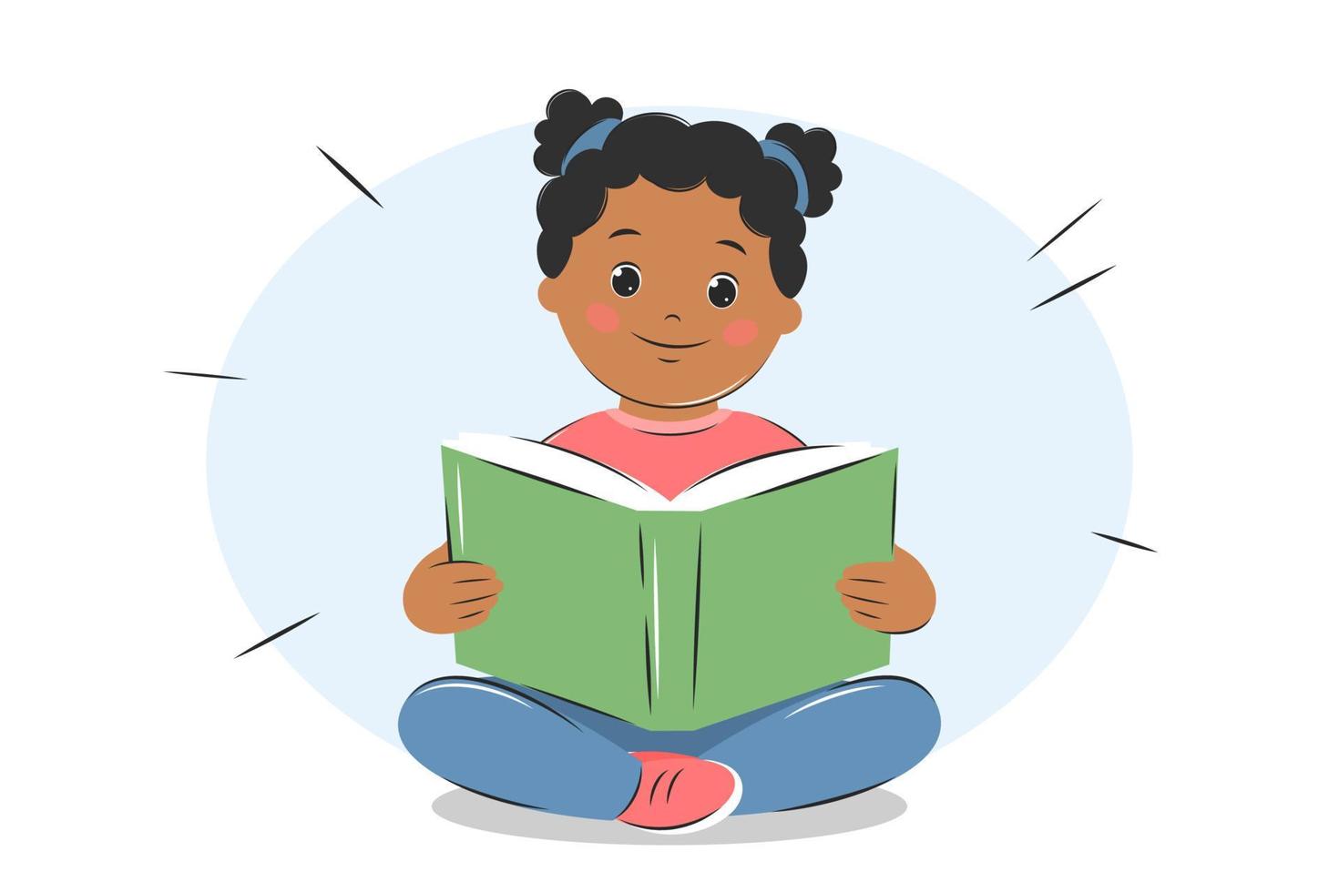 Afro American girl kid reading book. Knowledge and education concept. Vector illustration