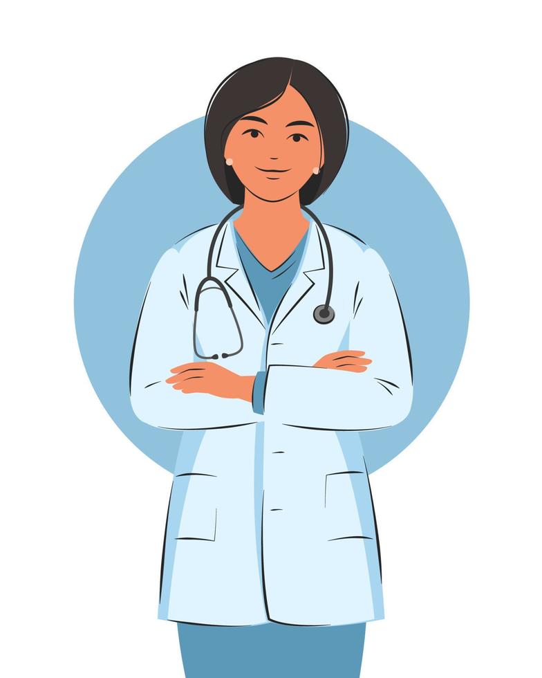 Doctor woman in white coat. Friendly and caring medical worker. Vector illustration.