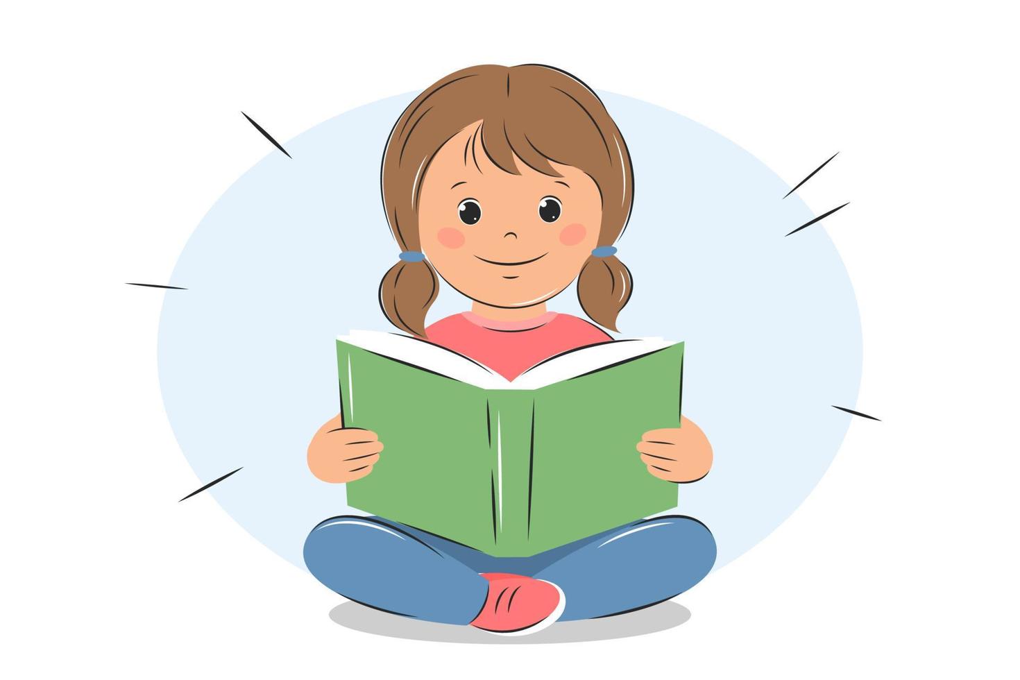 Small child hold open book and read. Knowledge and education concept. Vector illustration