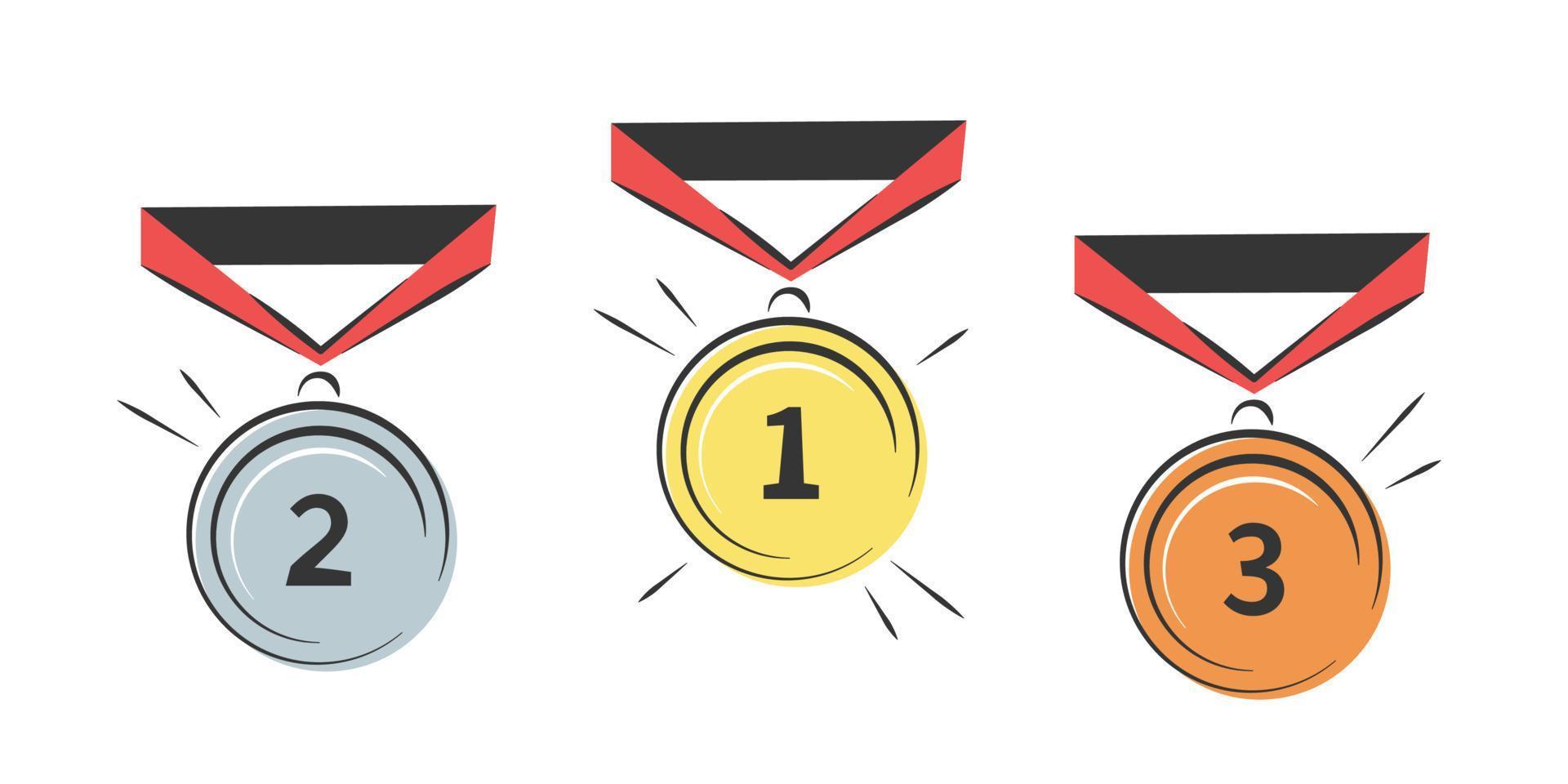 Gold, silver and bronze medals. Champion and winner awards medal set. Vector illustrations isolated on white background.