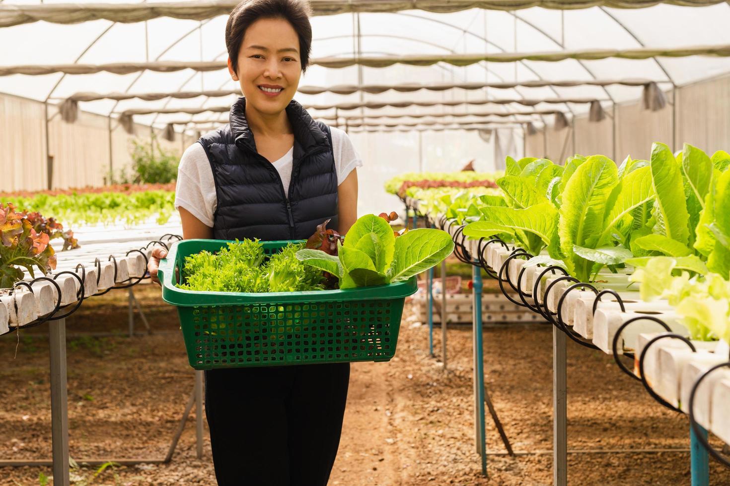 asiático mujer granjero participación cesta de vegetal en orgánico granja. foto