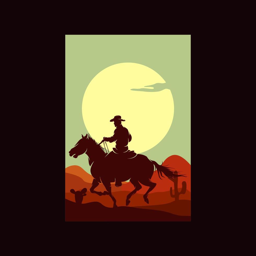 Cowboy Riding Horse Silhouette at Sunset logo vector