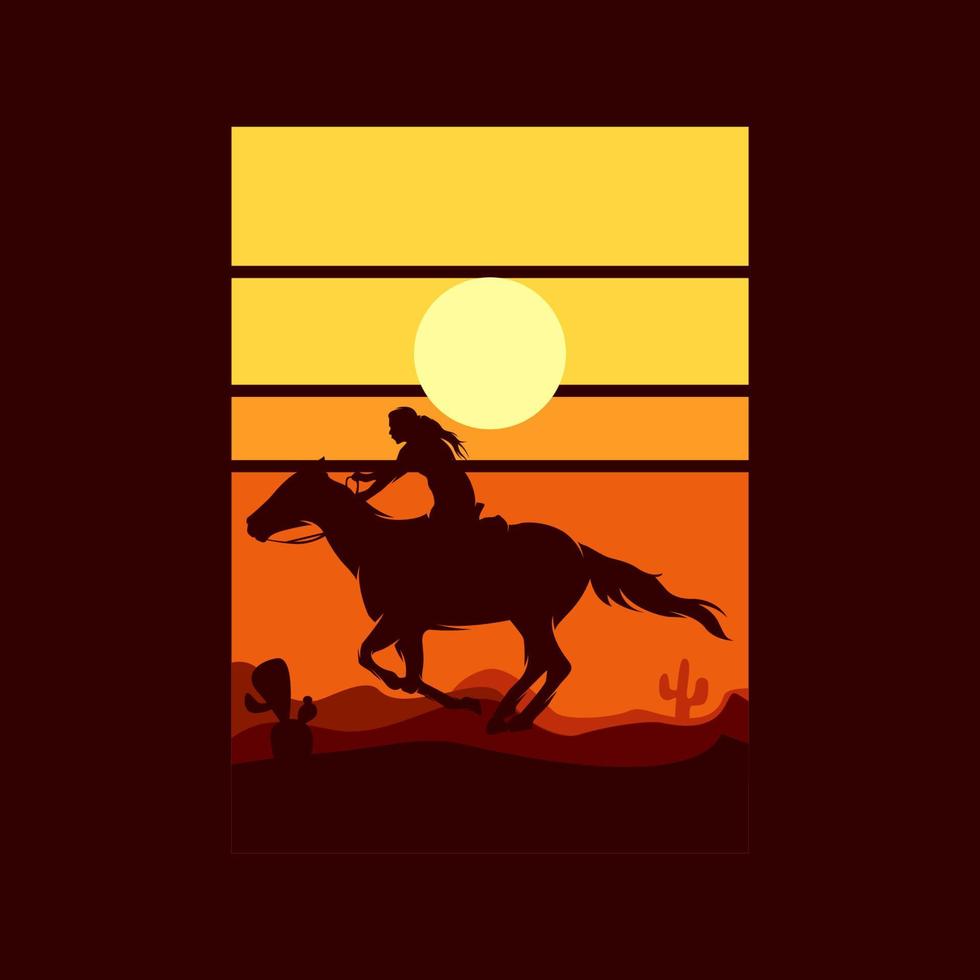 vaquero montando silueta de caballo al atardecer logo vector