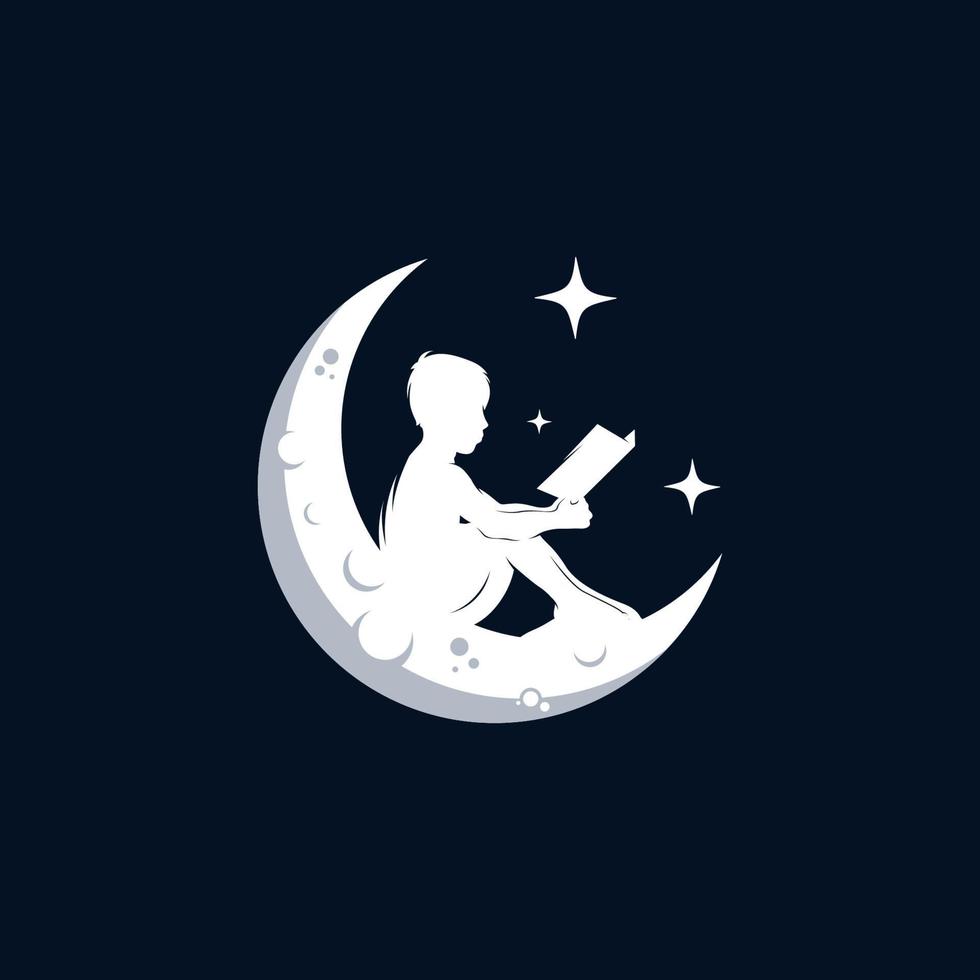 Vector little boy reading book on moon logo template design