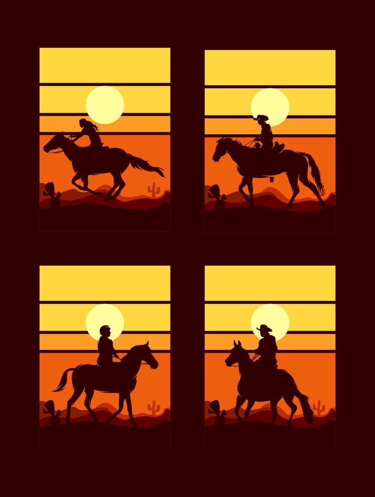 Set of Cowboy Riding Horse Silhouette at Sunset logo vector