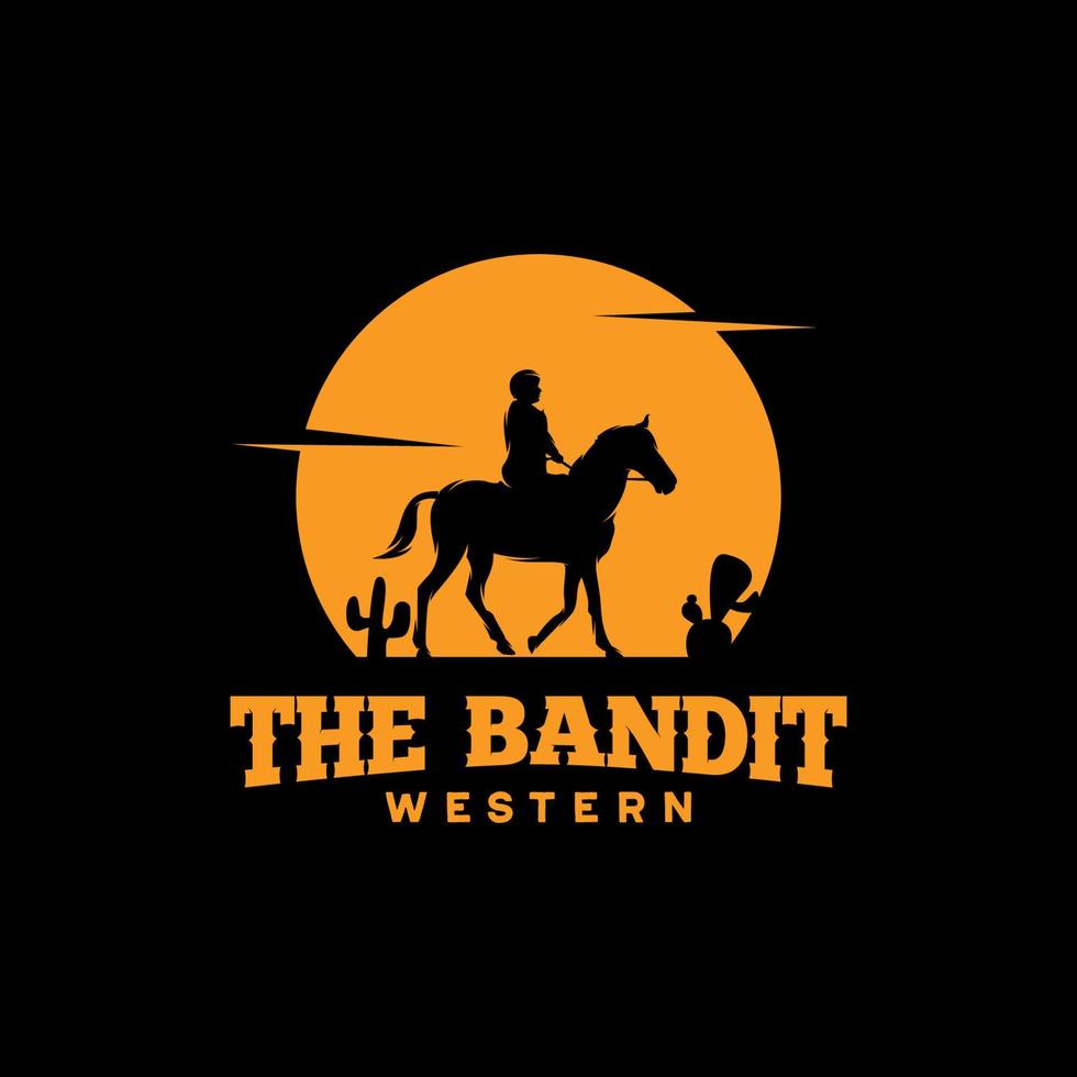 Cowboy Riding Horse Silhouette at Night logo vector