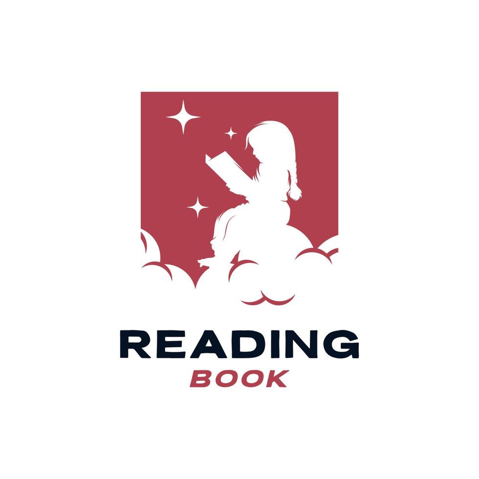Vector little girl reading book on cloud logo template design