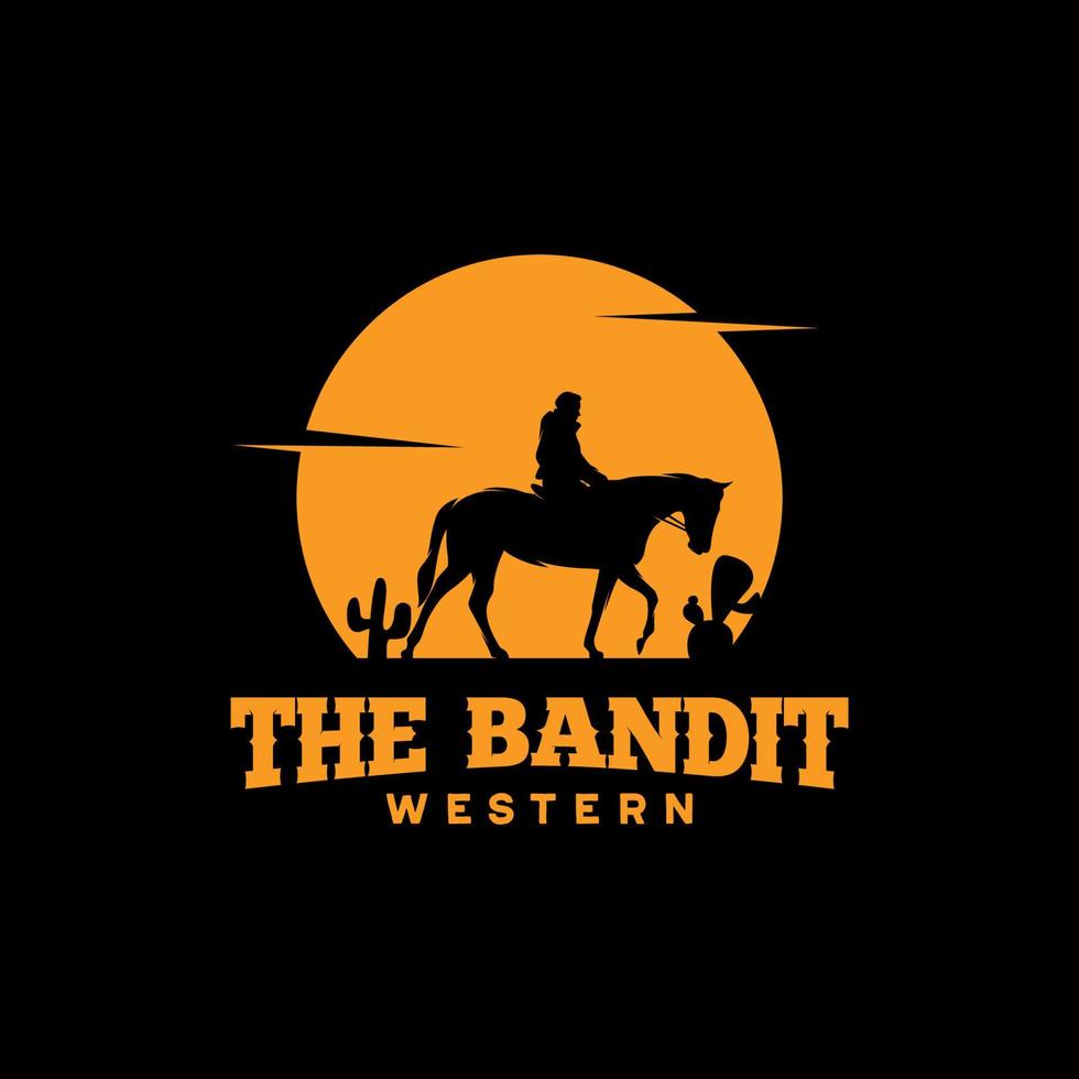 Cowboy Riding Horse Silhouette at Night logo vector