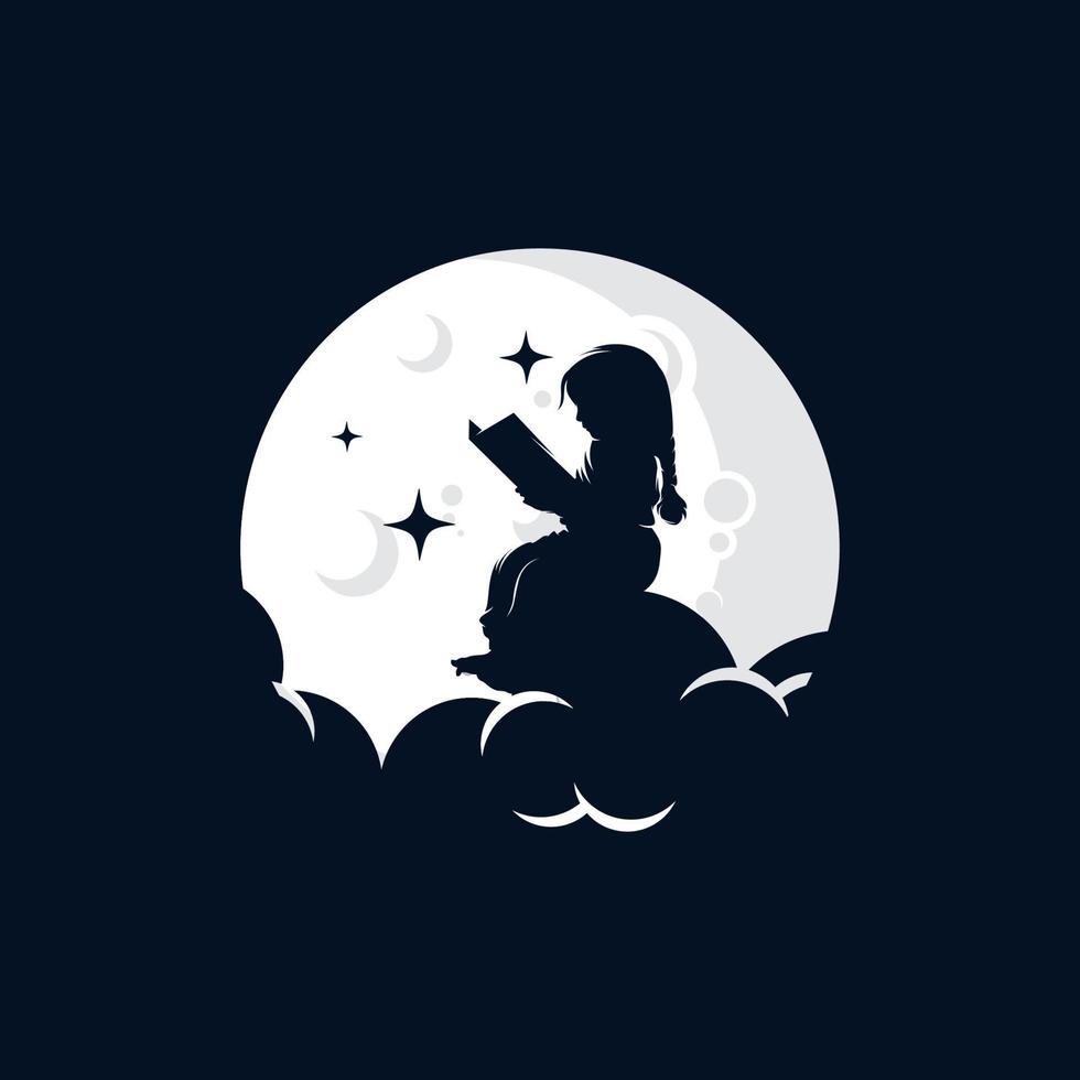 Vector little girl reading book on moon logo template design