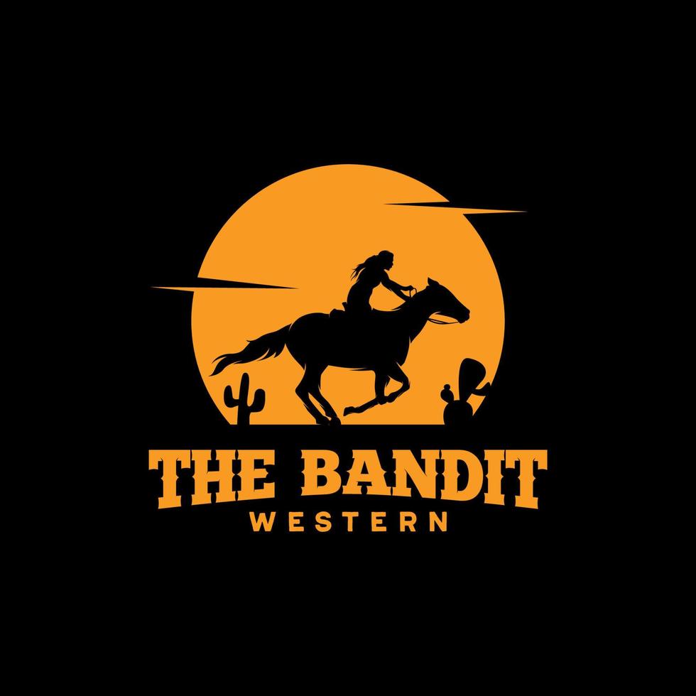 Cowboy Riding Horse Silhouette at Night logo vector