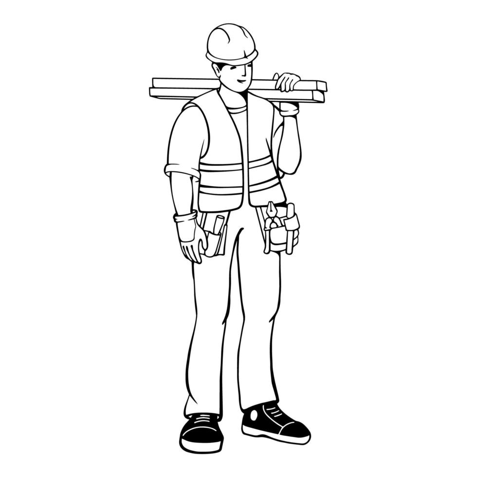 Builder carry planks. Outline carpenter repairman. Business concept. Vector. vector