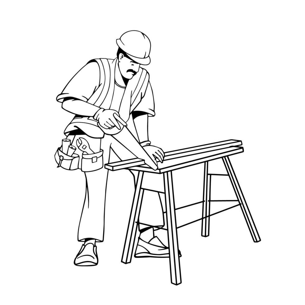 Builder or carpenter repairman sawing planks. Construction work services. Vector. vector