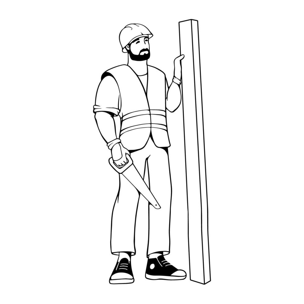 Builder holds a plank. Outline carpenter repairman. Business concept. Vector. vector