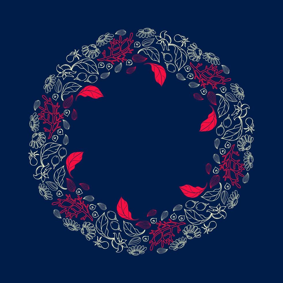 Wreath of flowers and herbs for herbal tea. Vector illustration.