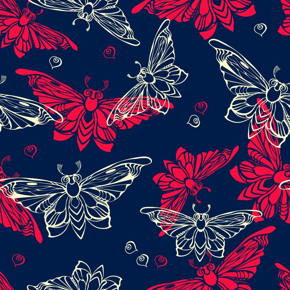 Butterfly. Seamless pattern. Silhouettes of insects. Hand-drawn vector illustration.