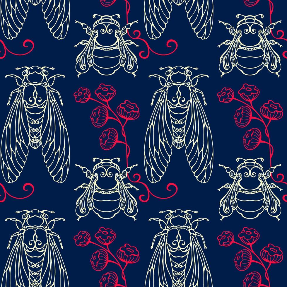 Bumblebees and cicadas. Seamless pattern. Outline Insects and plants. Vector. vector