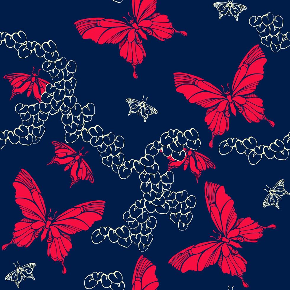 Butterflies and leaves. Seamless pattern. Silhouettes of insects, plants. Vector. vector