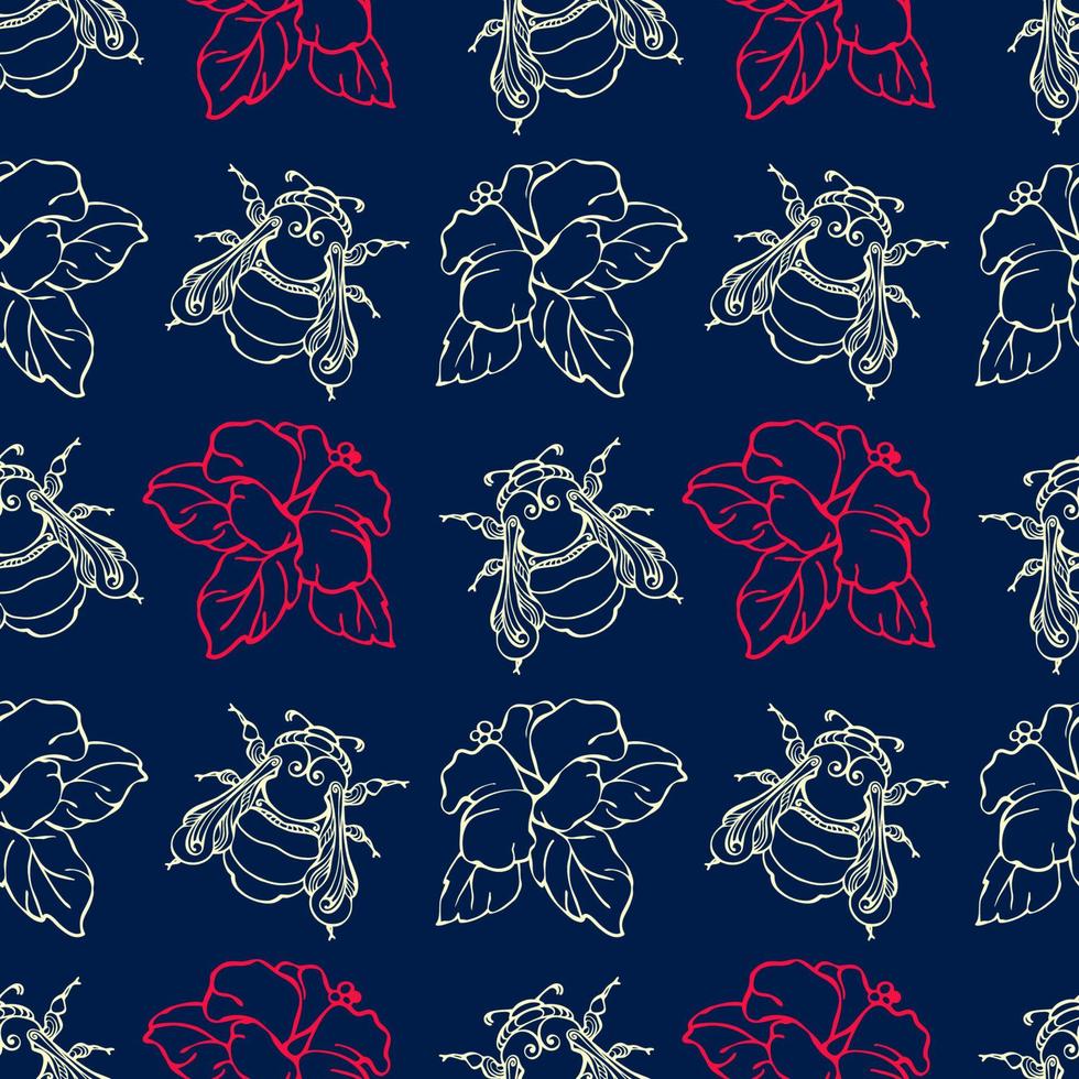 Bumblebees and Hibiscus. Seamless pattern. Outline Insects and plants. Vector. vector