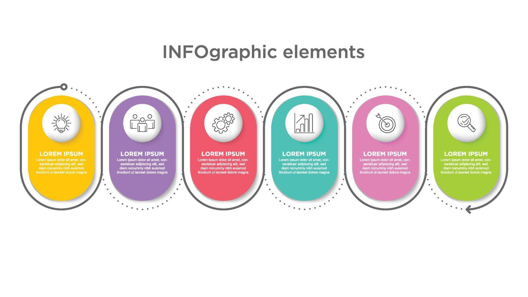 Business 6 step process chart infographics with step circles. Simple infographic design template. Flat vector illustration for presentation, report.