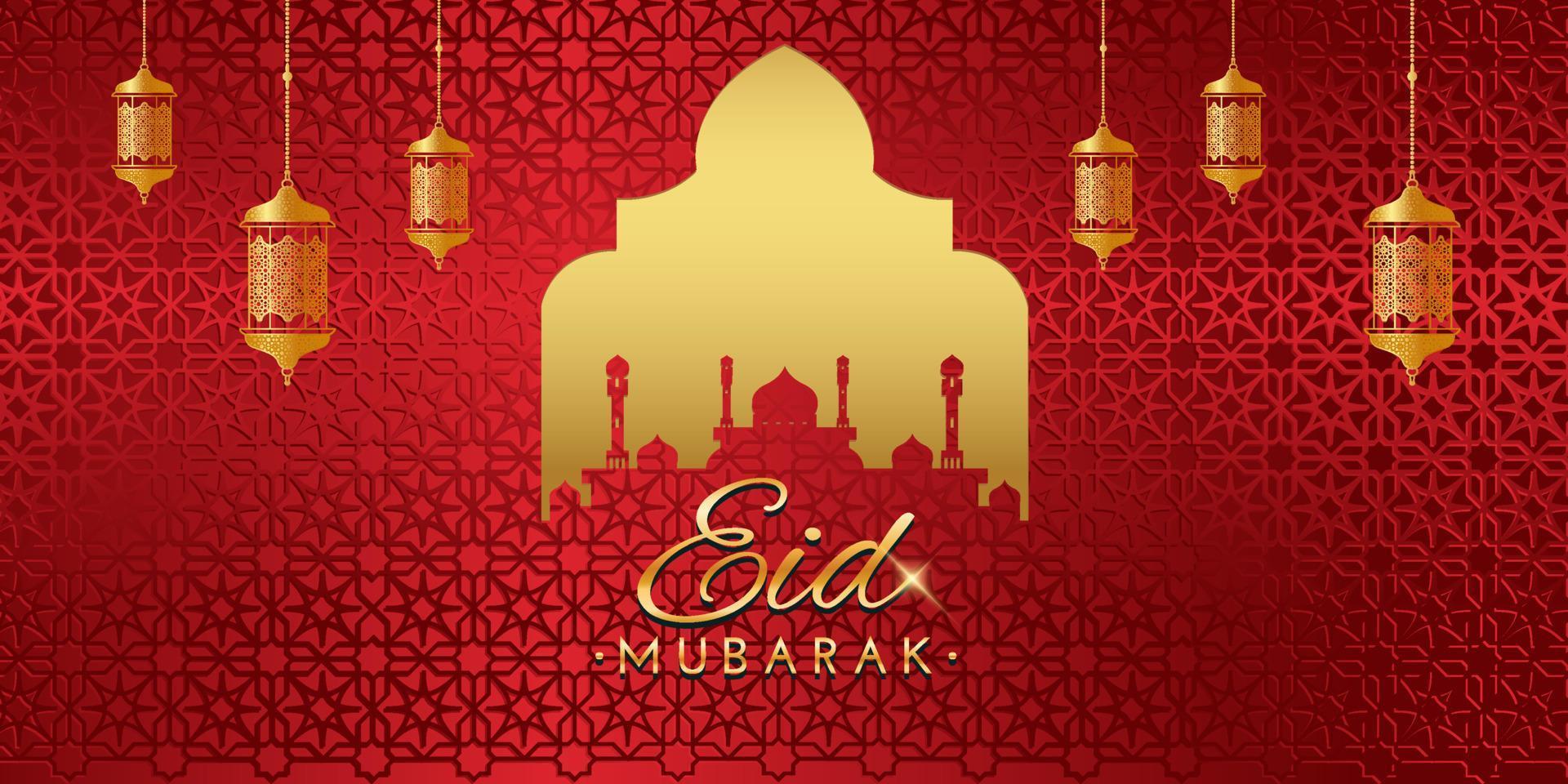 eid Mubarak dorado Luna y mezquita en rojo diseño vector