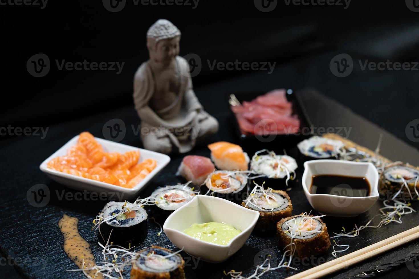 different Kinds of asia seafood sushi on a slate photo
