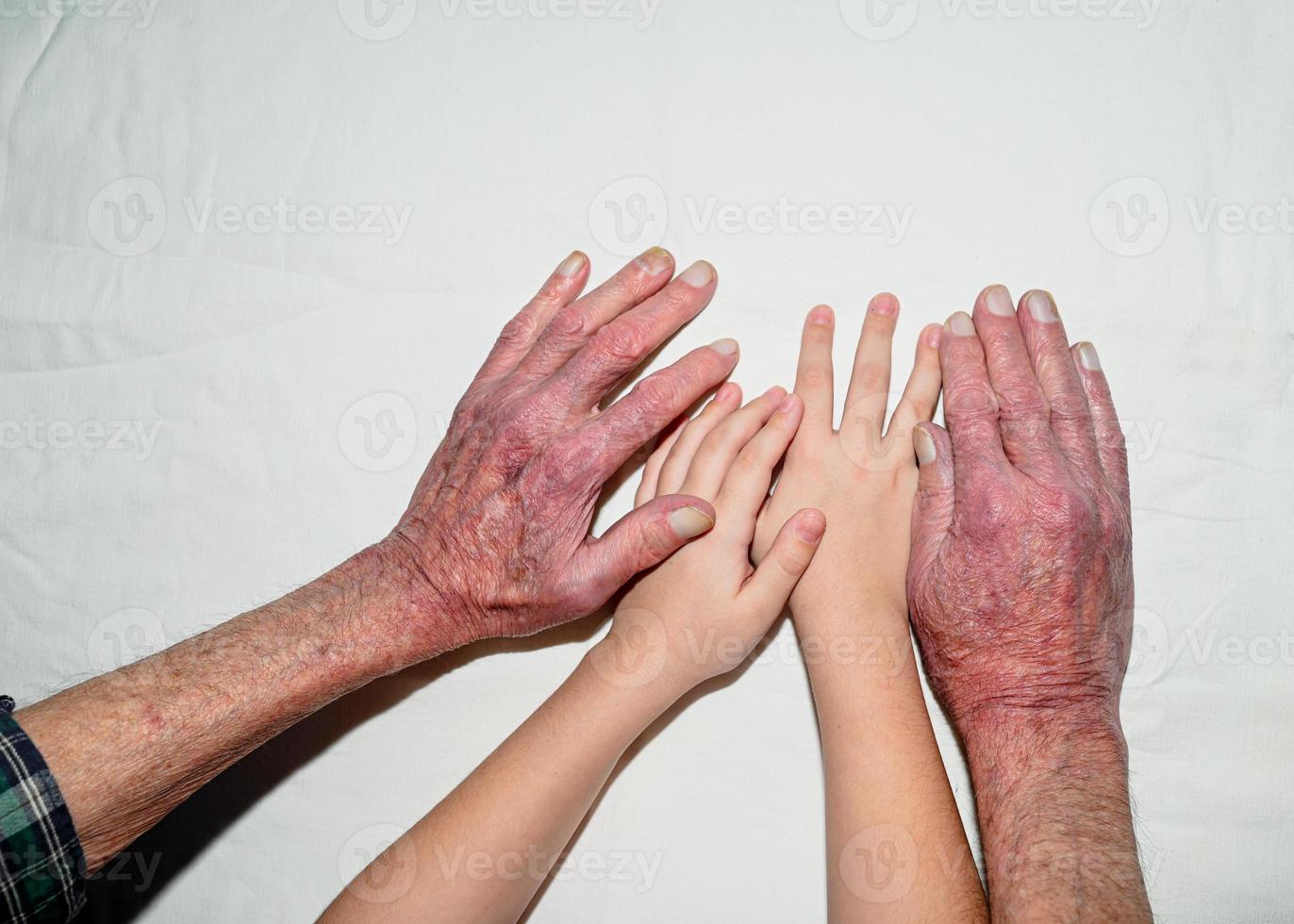 The hands of an old man and a child, holding each other. photo