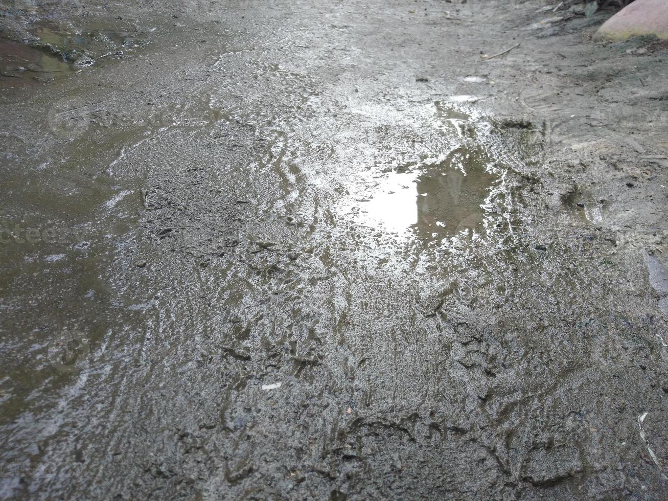 the condition of the road where there are muddy puddles that are wet and black photo