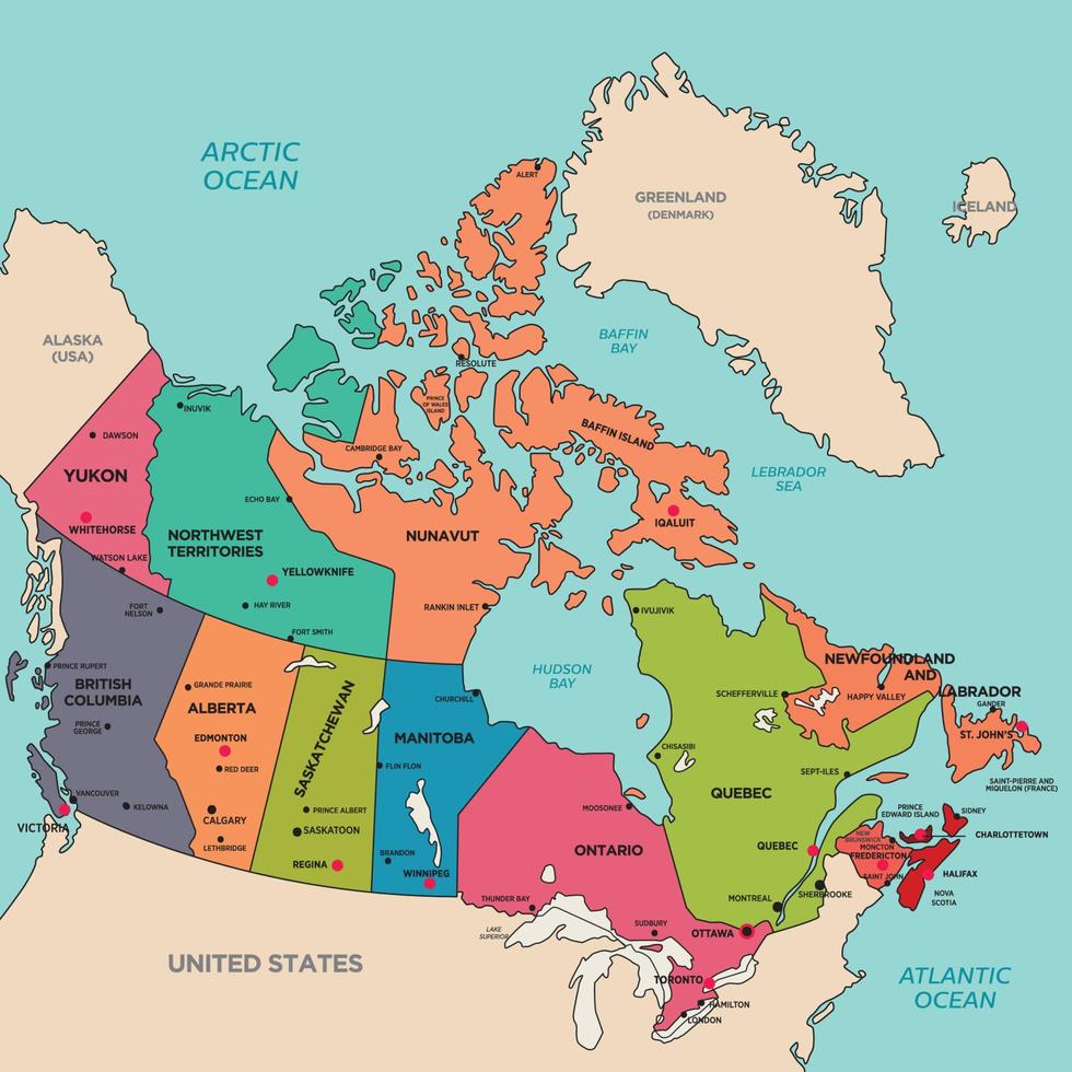 Detailed Map of Canada and Surrounding Borders vector