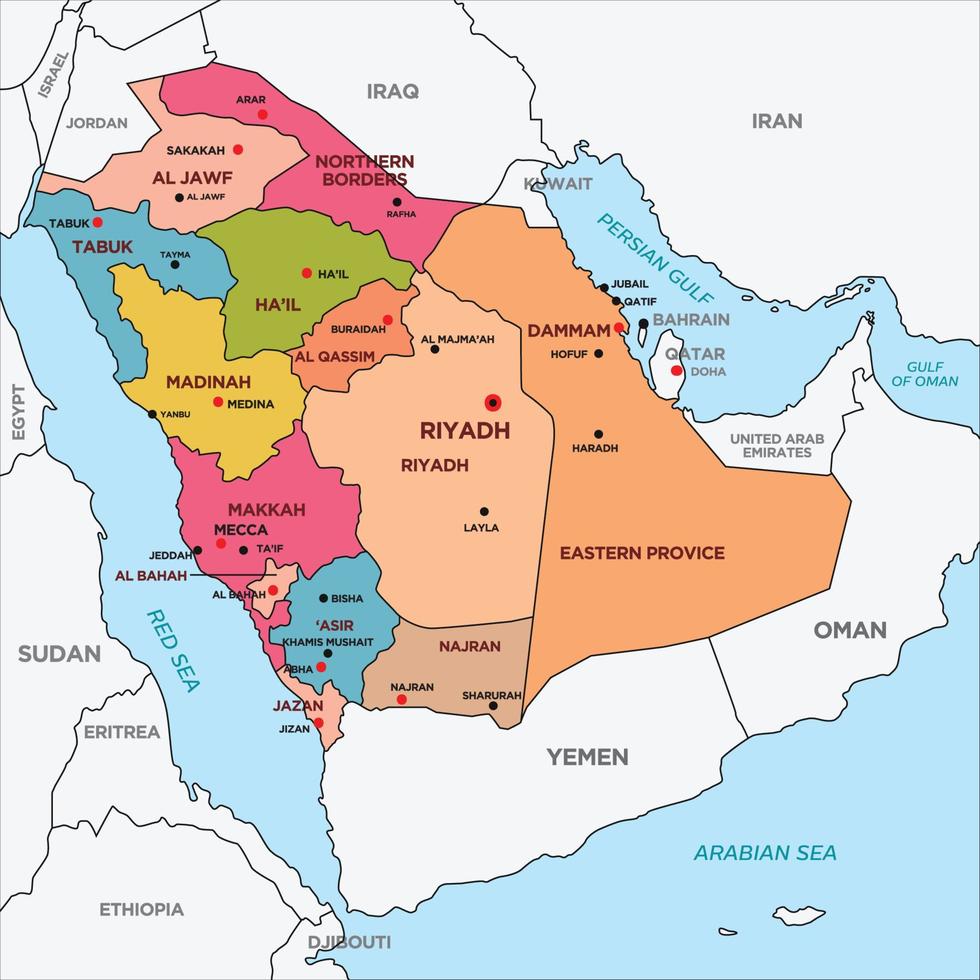 saudi arabia país mapa con ciudad nombres vector