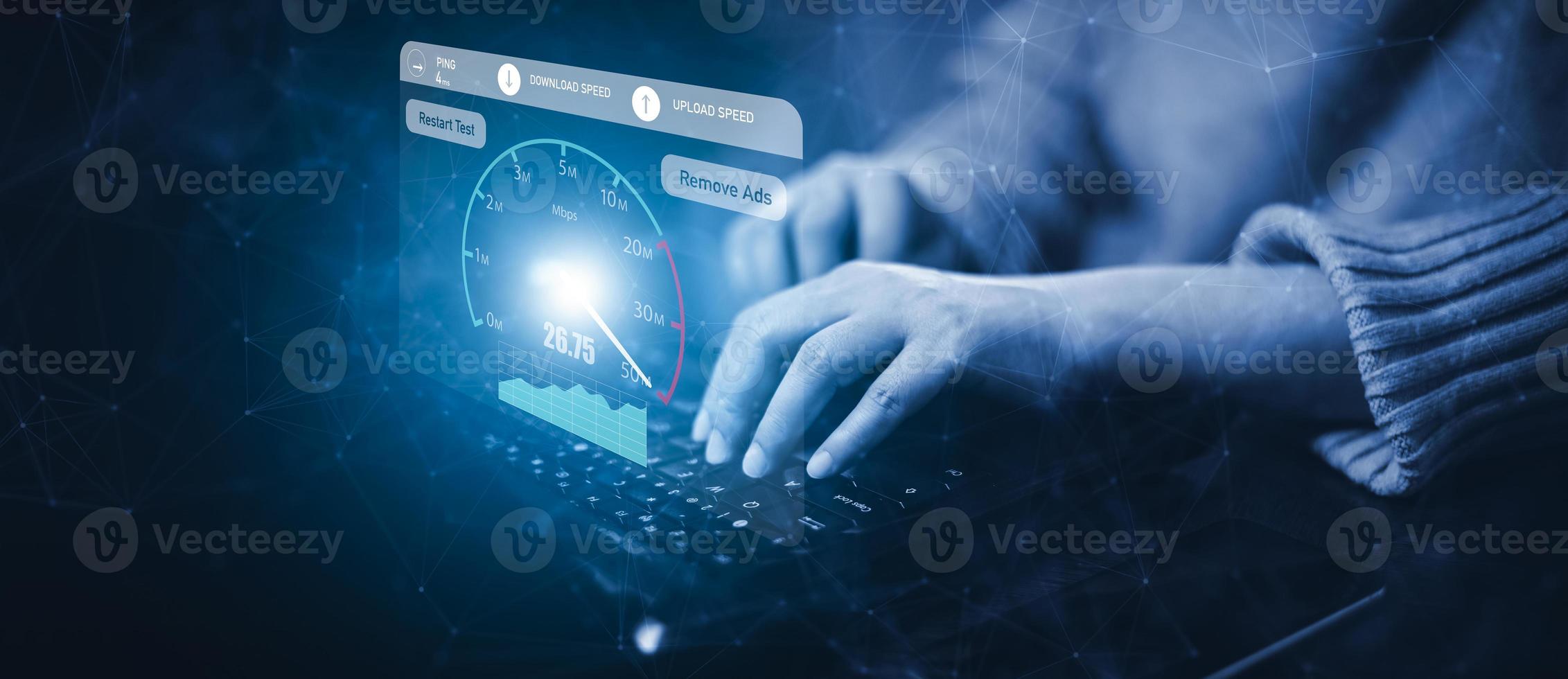 Fast internet connection with Metaverse technology concept, Hand holding smartphone and Virtual screen of Internet speed measurement,Internet and technology concept, 5G Hi speed internet concept photo