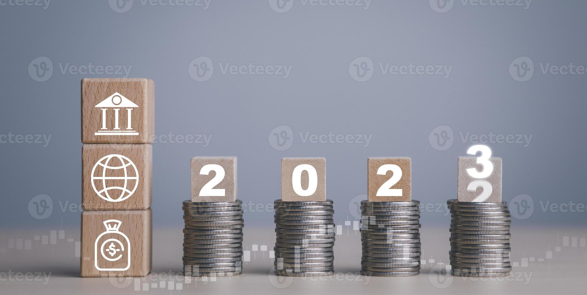 Double exposure of coins on the white background for finance and banking and Money spending planning, and investment budget, Business saving money concept, Copy space, new year 2022-2023 concept photo
