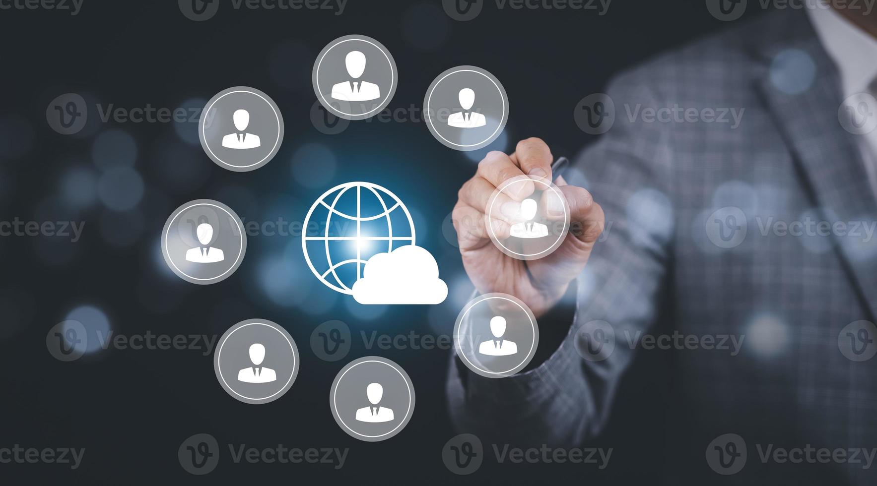 Businessman with line connect to data information on the cloud icon with people and computing network, Backup Storage Data Internet, networking and digital, Share global, and technology, concept. photo