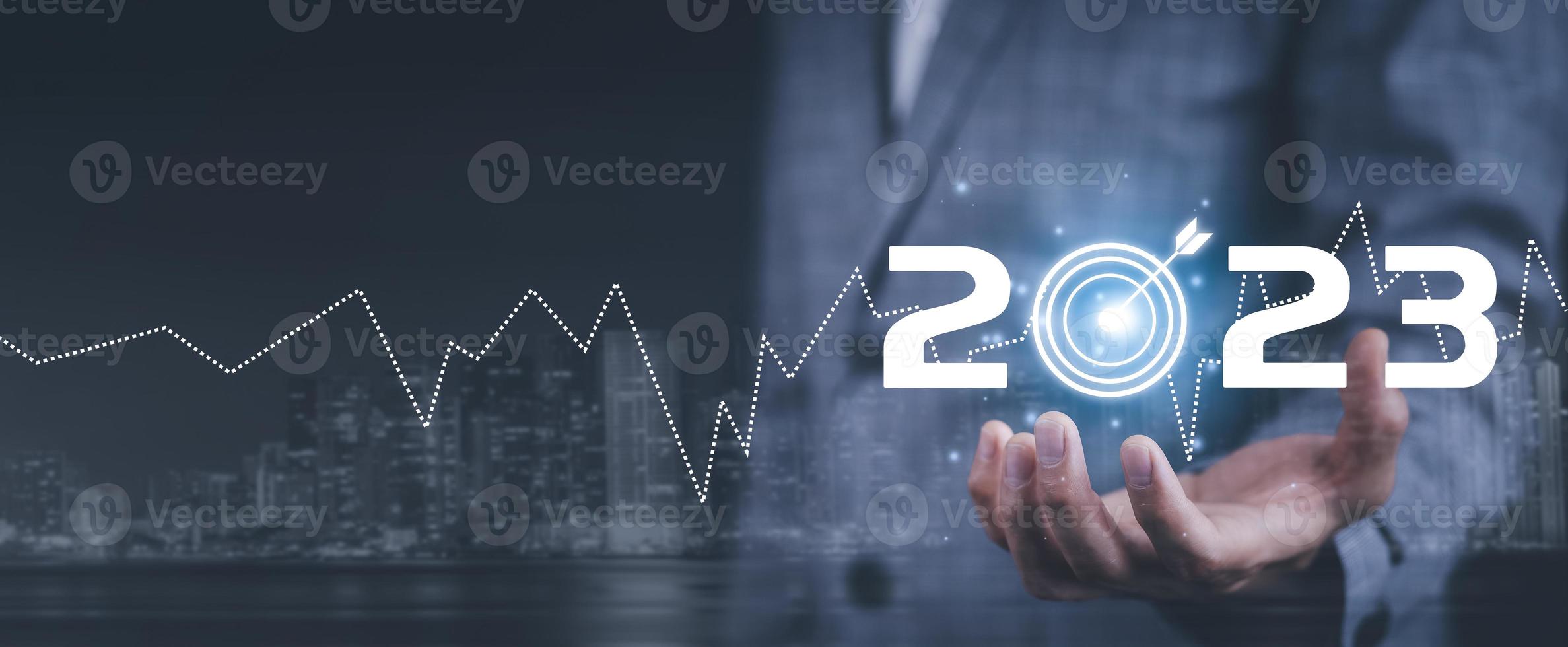 Business touch target and number new year2023 innovative idea of inspirationfrom online technology, Changes in new planning, Business growth, ideas and perspectives. photo