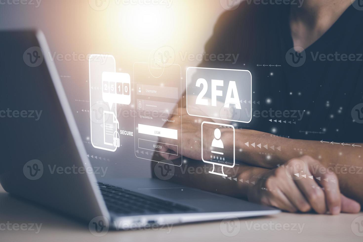 Businessman with Cybersecurity privacy protect data. 2FA internet network security technology, Two Factor Authentication, Cyber Security privacy protect data, Protection hacked connections. photo