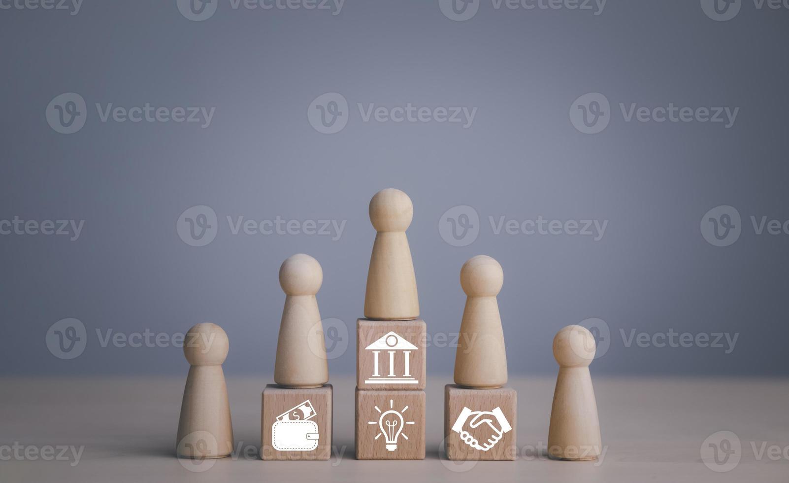 Winners figures on pedestal and losers on floor, Business hierarchy, ranking, wooden doll woman walking up stack cubs wood with Action plan, Goal and new target, success and business target concept, photo