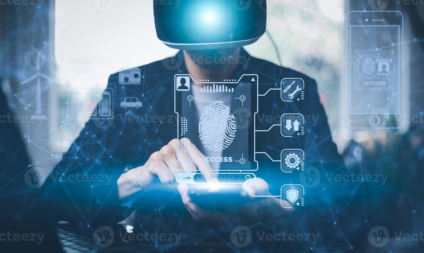 Man wearing VR glasses  touchgraph scan the protection system cyber security, Login, User, Cybersecurity privacy protect data. 2FA internet network security technology,Cyber Security privacy. photo