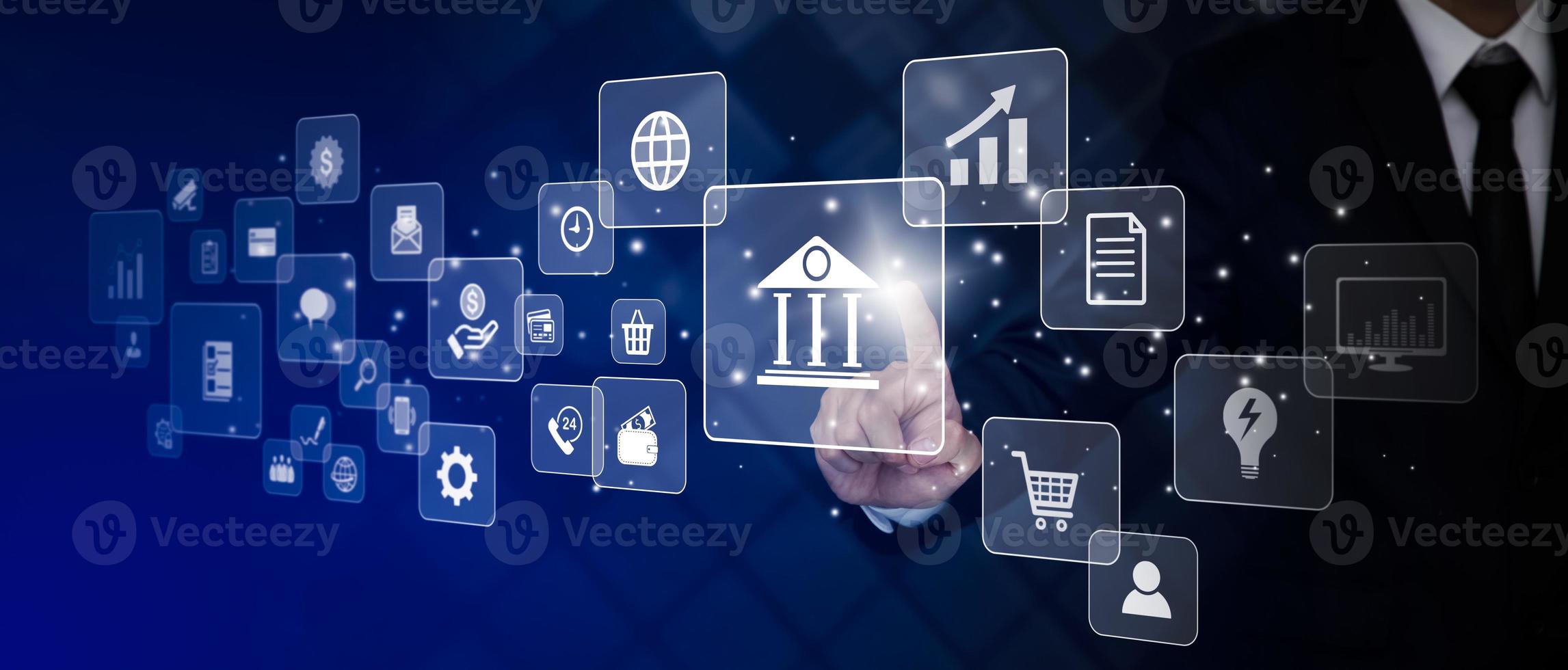 Businessman touchscreen on the graph Screen Icon of a media screen, Technology Process System Business with Communication and marketing concept, Team success, HR Human, Business success, business plan photo