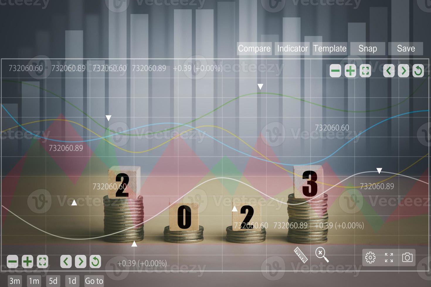 Double exposure of coins on the white background for finance and banking and Money spending planning, and investment budget, Business saving money concept, Copy space, new year 2022-2023 concept photo