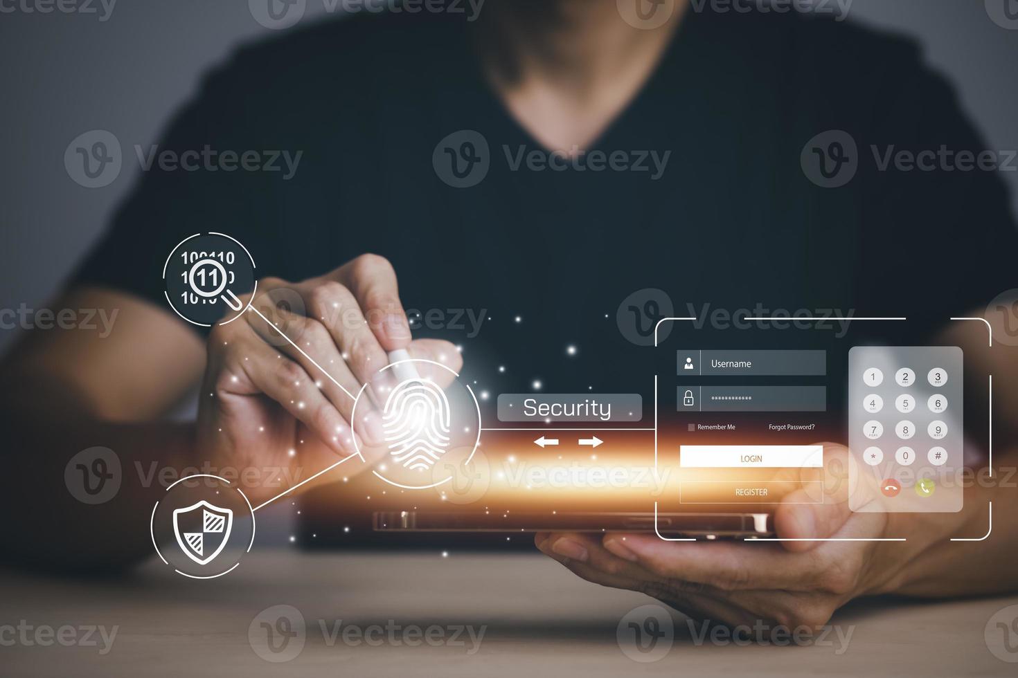 Hand touch fingerprint with virtual global with cyber security, Login, User, identification information security and encryption, secure access to users personal information, secure Internet access, photo