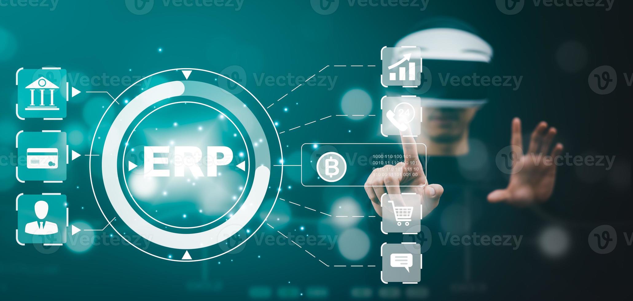 Man wearing VR glasses virtual touch graph management ERP, enterprise resource management software system for business, Enterprise resource planning,  business management company, Internet technology. photo