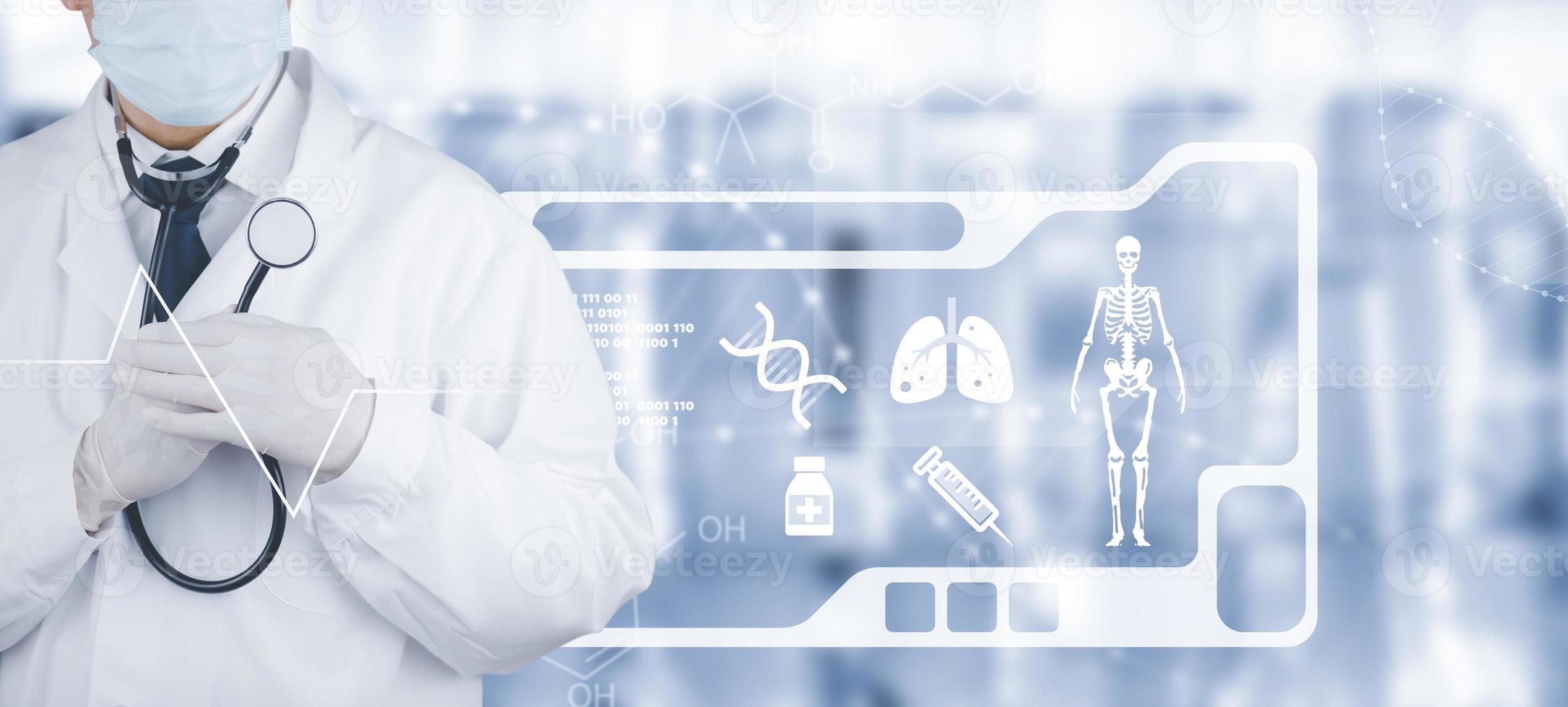 Doctor man write a history of DNA graph and biochemical research scientist working with a microscope, human DNA detection graph, Checking for abnormalities in the body, science and experiment concept photo